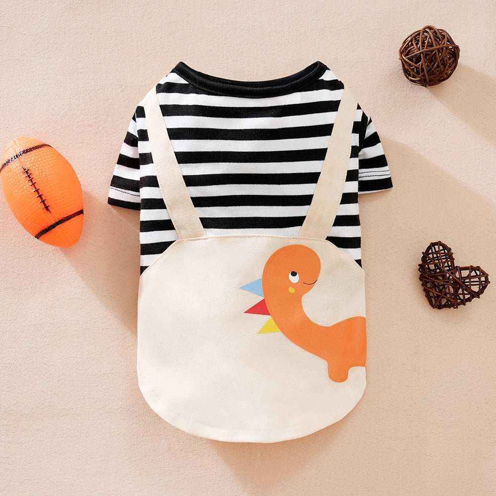 Black and white striped baby romper with cream bib featuring a smiling orange dinosaur print
