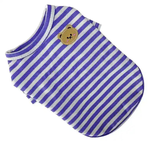Purple and white striped pet shirt with cute bear face patch on white background