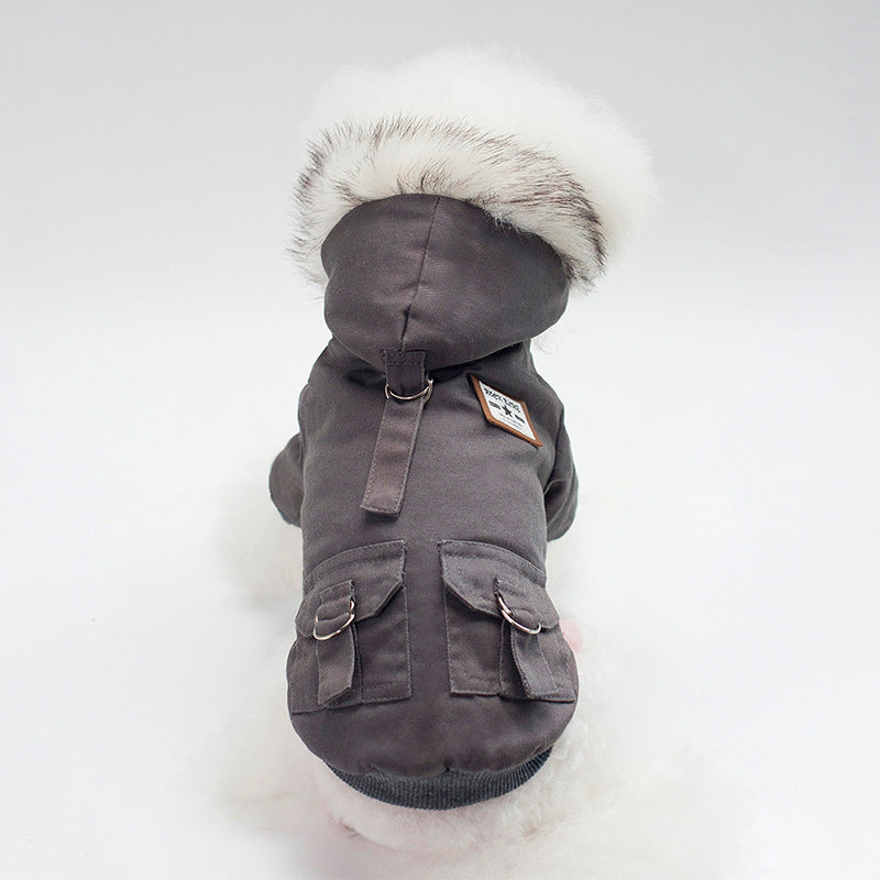Cappotto per cani con cappuccio in pelliccia antivento