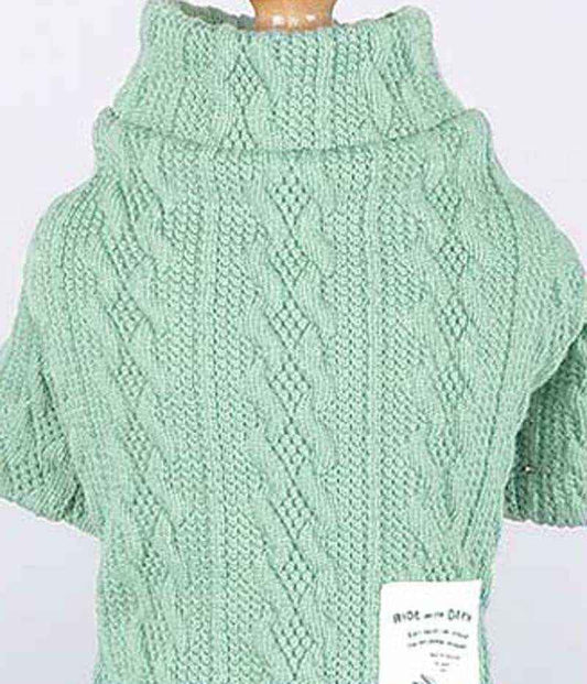 Mint green cable knit dog sweater with turtleneck and white label detail
