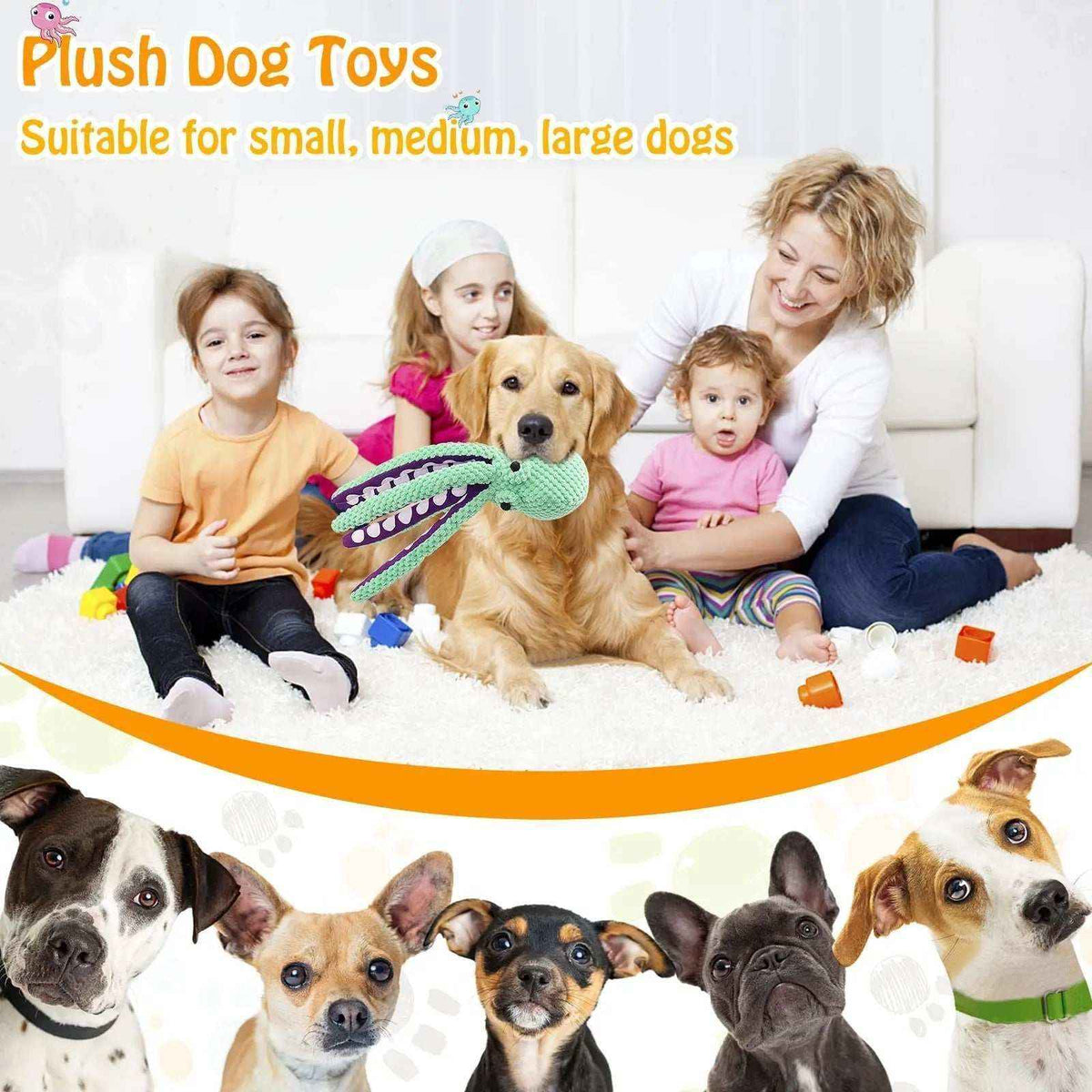 Golden retriever with green plush octopus toy surrounded by children and woman sitting on white carpet
