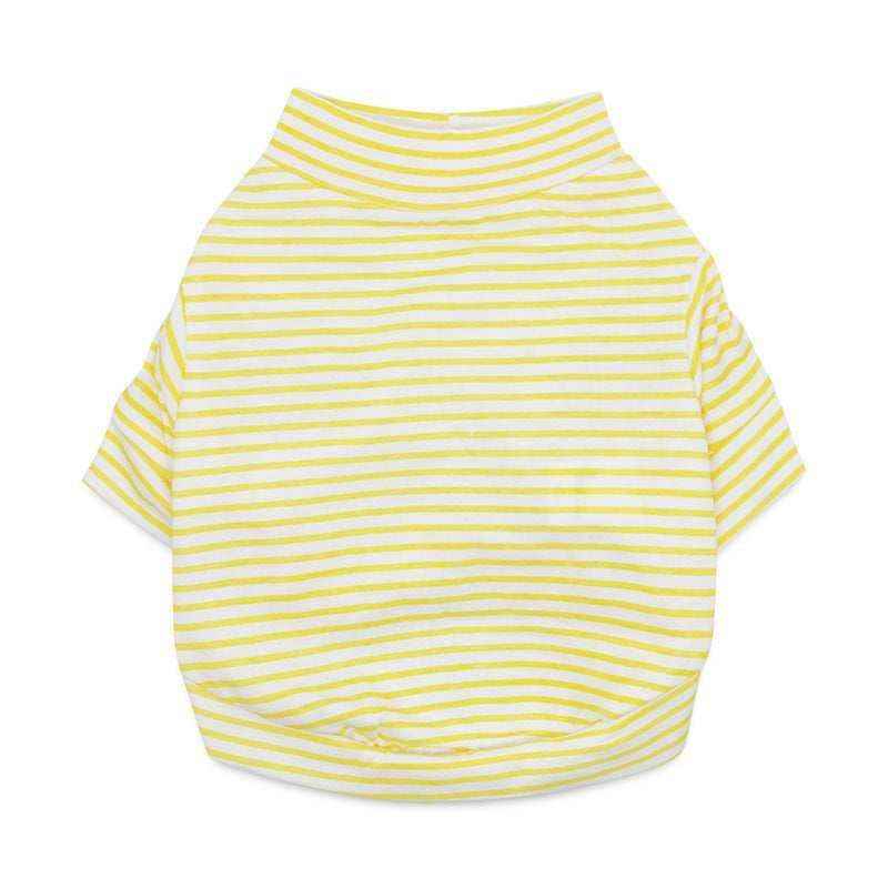 Yellow and white striped short-sleeve pet shirt with a high collar