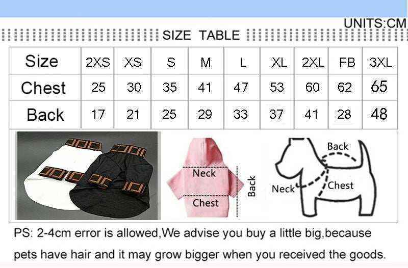 Pet clothing size chart with chest and back measurements in cm, includes dog illustration and fabric samples