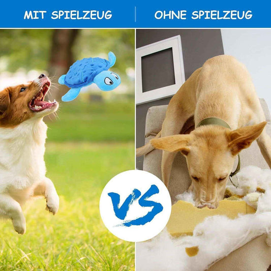 Comparison of dogs with toy and without toy; dog happily playing with blue turtle toy vs dog destroying furniture
