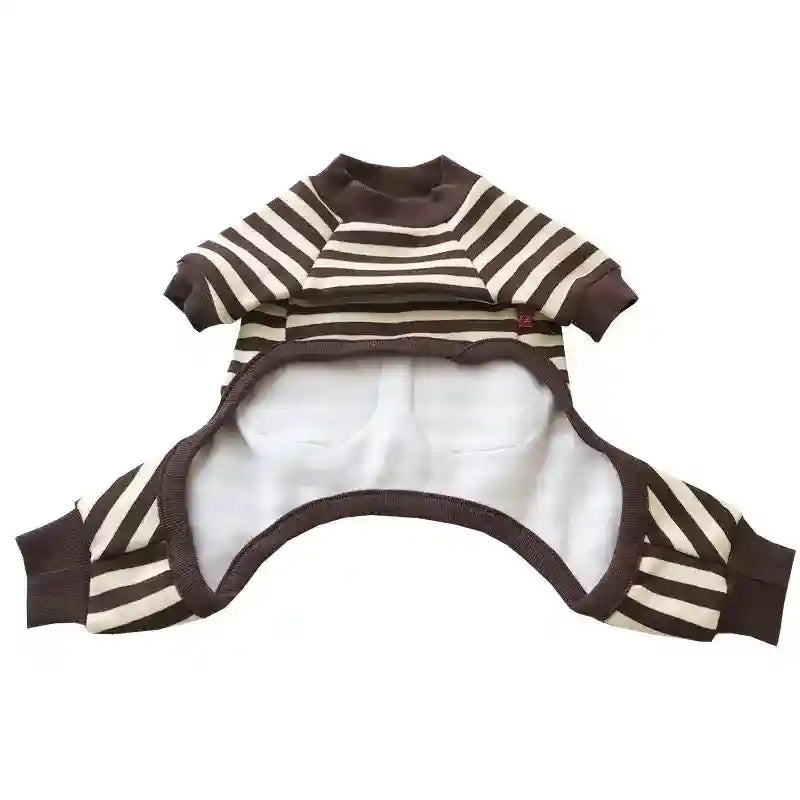 Brown and white striped pet onesie with soft lining and ribbed cuffs for small dogs