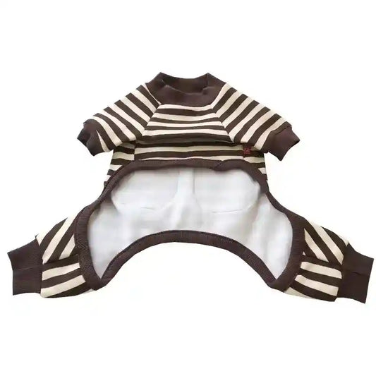 Brown and white striped pet onesie with soft lining and ribbed cuffs for small dogs
