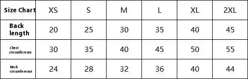 Dog apparel size chart showing measurements for back length, chest and neck circumference in sizes XS to 2XL