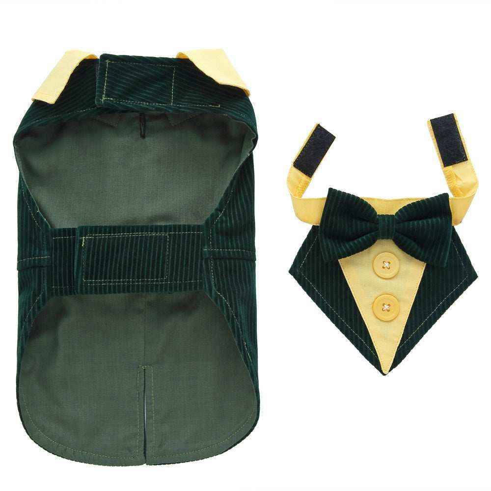 Green pinstripe dog tuxedo jacket with yellow collar and detachable bow tie with buttons