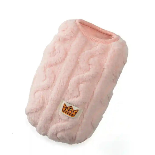 Soft pink pet sweater with textured knit pattern and crown PET logo patch