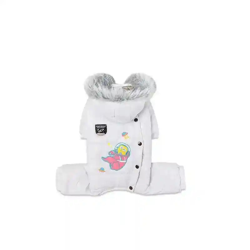White dog winter jacket with faux fur hood and colorful astronaut graphic