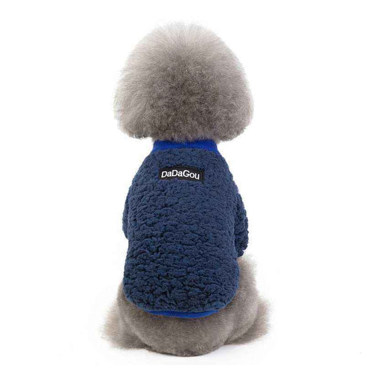 Small gray poodle wearing a blue textured DaDaGou dog sweater, sitting facing away