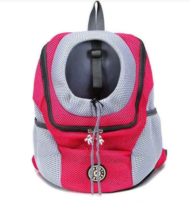 Red and gray mesh pet carrier backpack with circular ventilation window and front zipper pocket