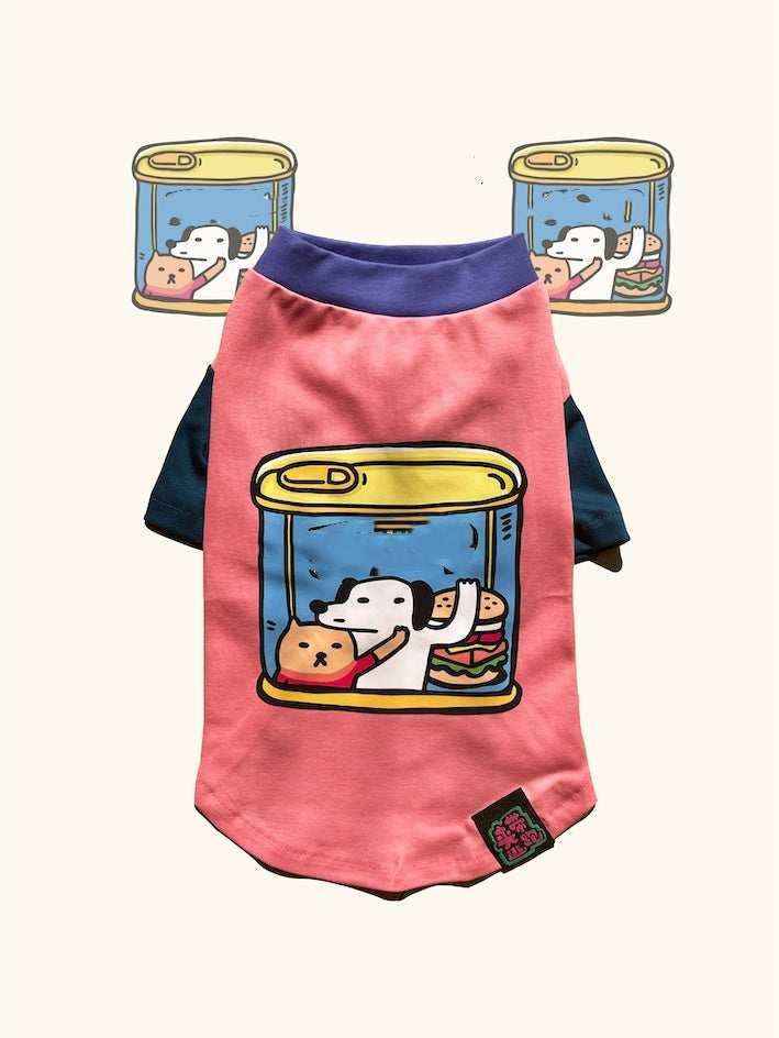 Pink and navy dog shirt featuring a cartoon dog and cat inside a can with a sandwich illustration