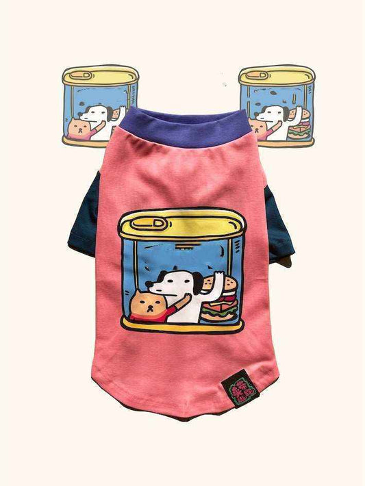 Pink and navy dog shirt featuring a cartoon dog and cat inside a can with a sandwich illustration
