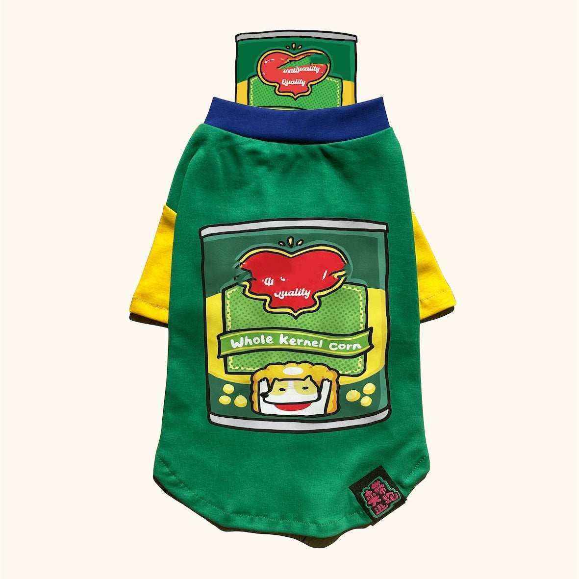 Green and yellow dog shirt with cartoon canned corn graphic and blue collar