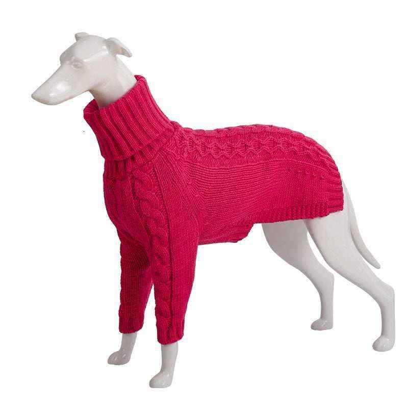 White dog mannequin wearing a bright red cable knit turtleneck sweater on a white background