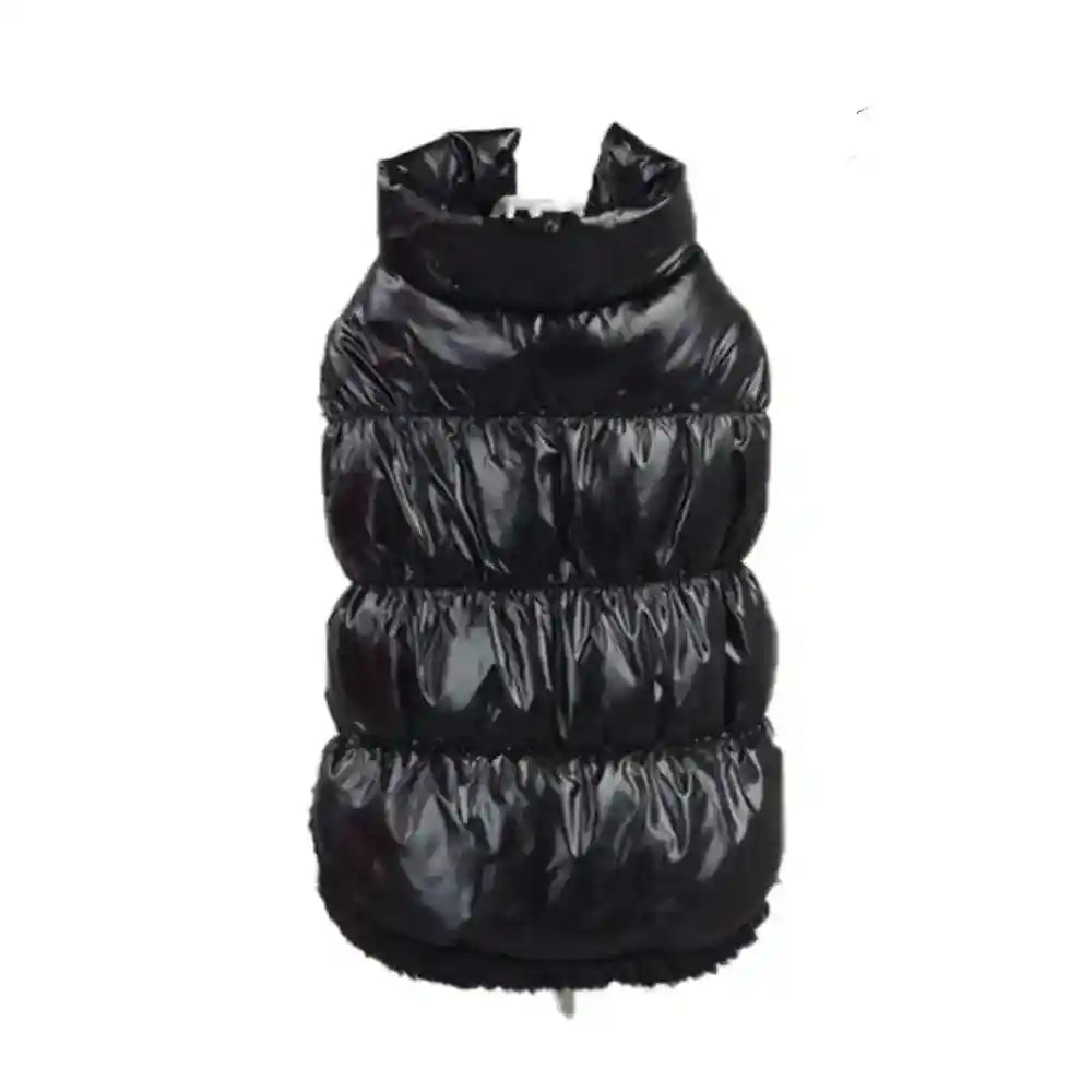 Black shiny puffer dog vest with high collar and padded sections for warmth