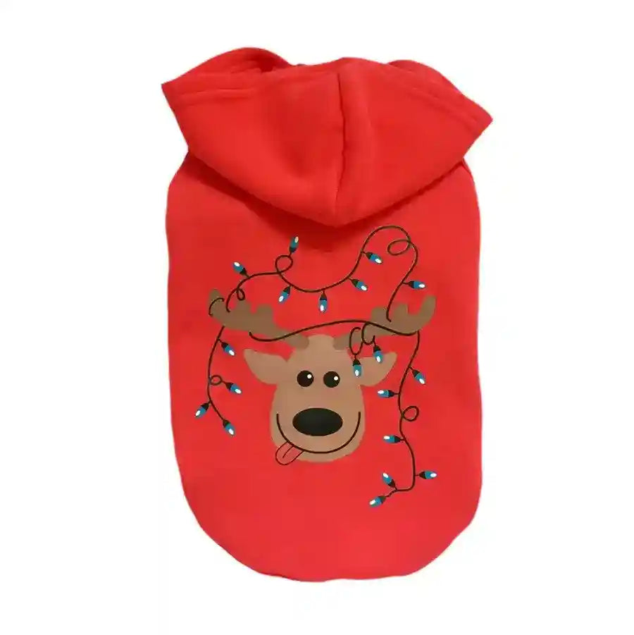 Red dog hoodie with cartoon reindeer and blue Christmas lights graphic