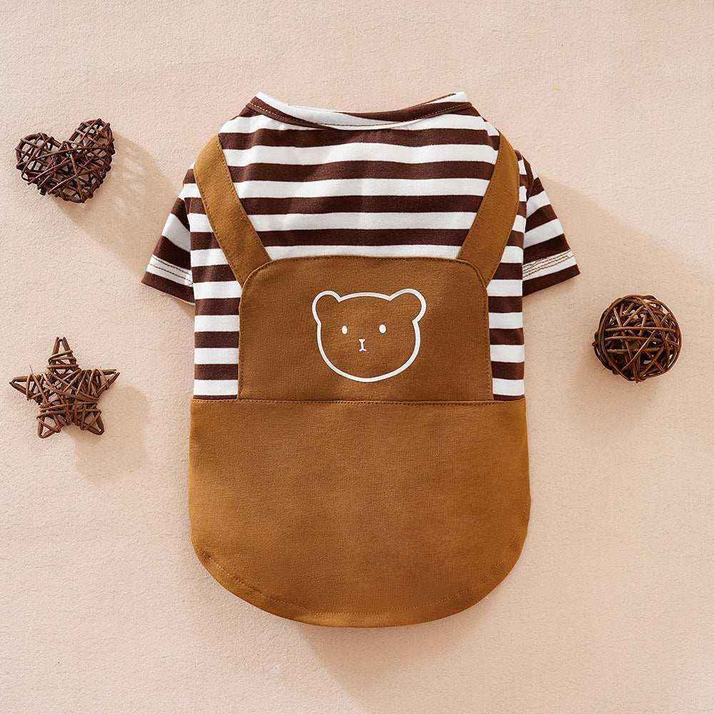 Brown and white striped pet shirt with bear face and suspenders on pink background