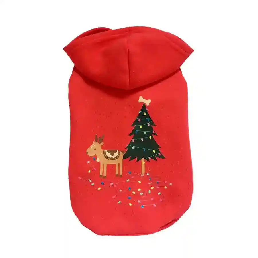 Red dog hoodie with Christmas tree and reindeer graphic decorated with colorful lights