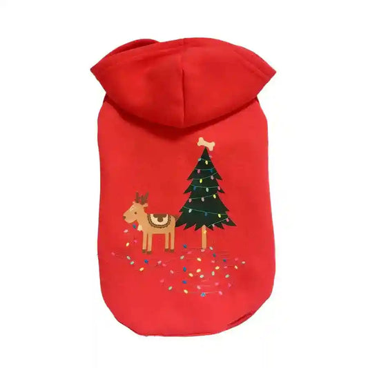 Red dog hoodie with Christmas tree and reindeer graphic decorated with colorful lights
