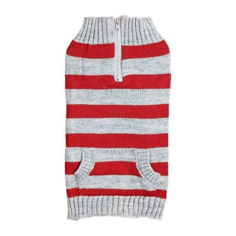 Red and gray striped knitted dog sweater with a zipper and front pocket