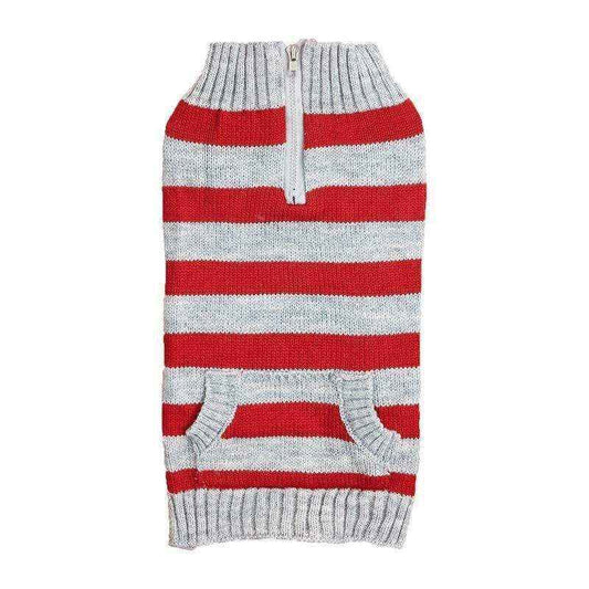 Red and gray striped knitted dog sweater with a zipper and front pocket