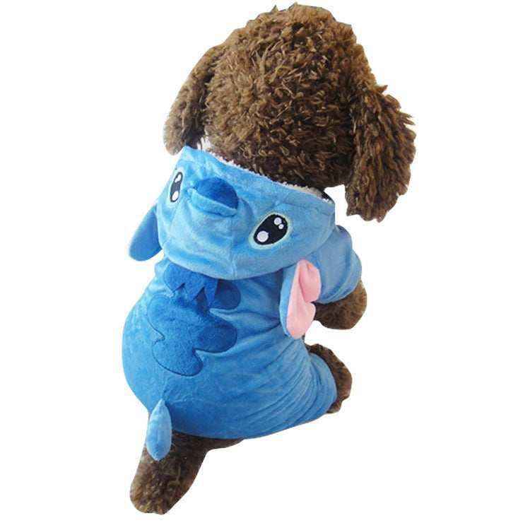 brown curly dog wearing blue stitch-themed plush hoodie costume from back