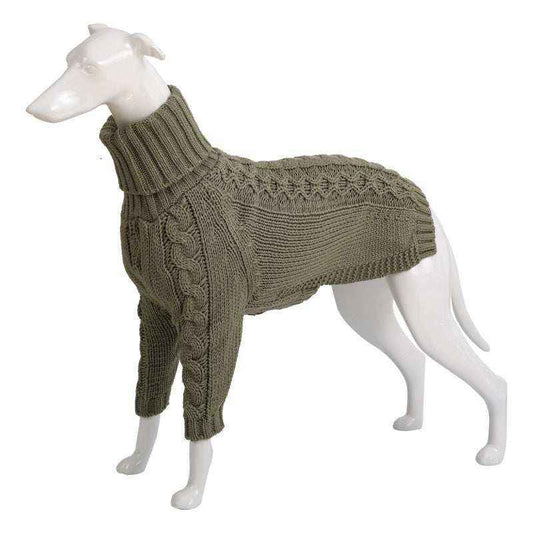 White dog mannequin wearing olive green cable knit turtleneck dog sweater