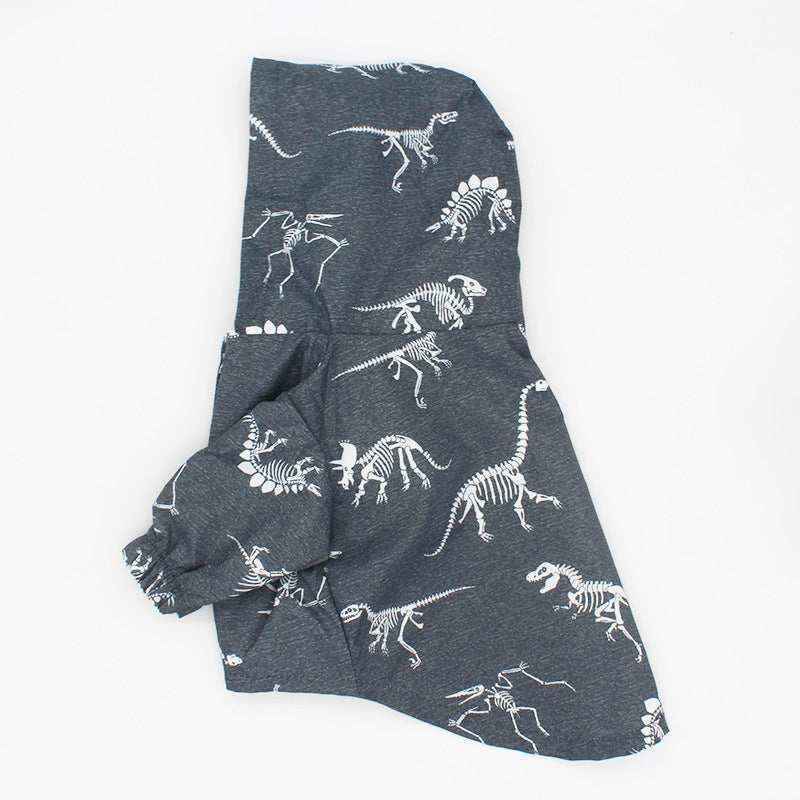 Dark gray pet hoodie with white dinosaur skeleton prints and elastic sleeve cuffs