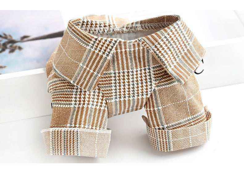 Beige and white plaid dog shirt with collar and rolled sleeves, stylish small pet clothing