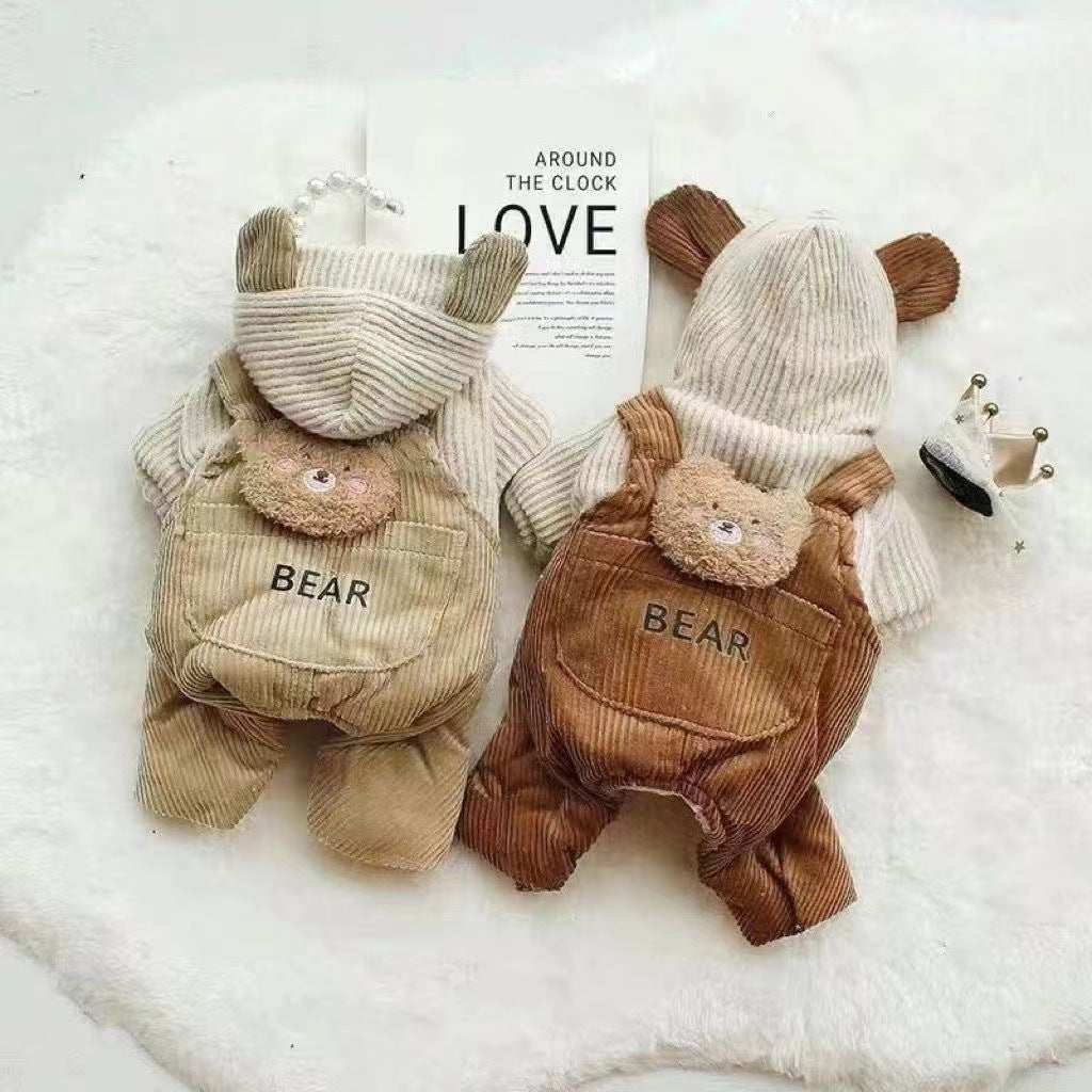 "Bear" Dog Overalls - Warm Fleece with Hood and Teddy Bear
