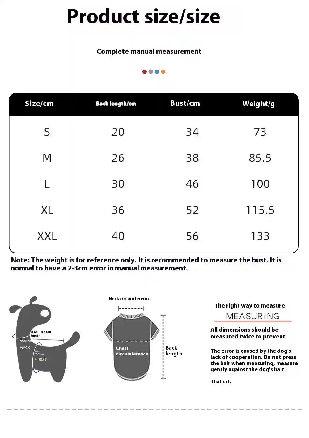 Dog clothing size chart with back length, bust, and weight measurements for sizes S to XXL and illustration of measuring points