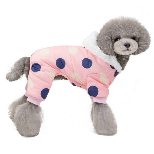 Gray poodle wearing pink polka dot winter dog jumpsuit with white fleece hood