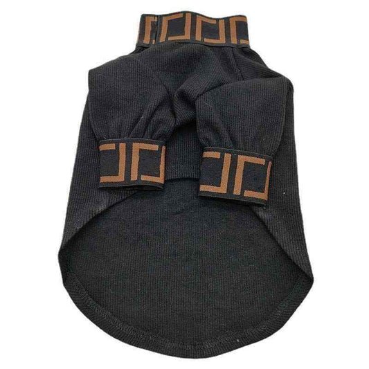 Black ribbed knit dog sweater with brown geometric patterned collar and sleeve cuffs