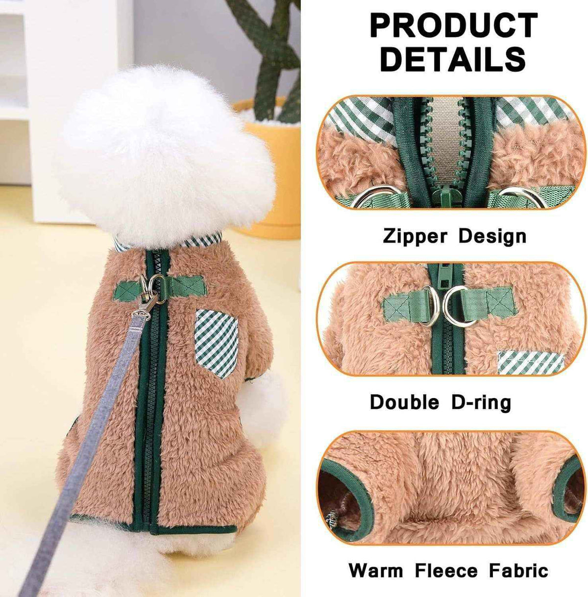White fluffy dog wearing brown fleece jacket with green zipper and checkered details on leash