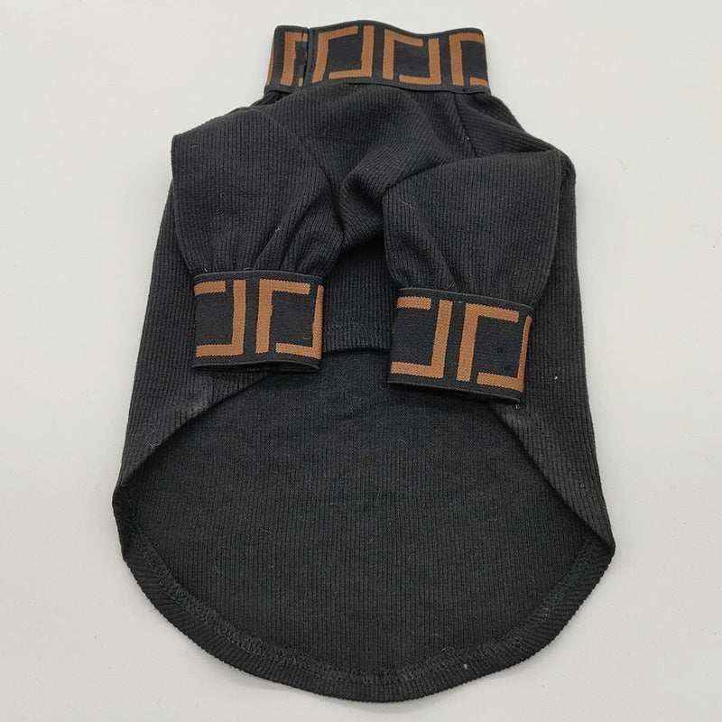 Black ribbed dog sweater with brown geometric patterned collar and cuffs
