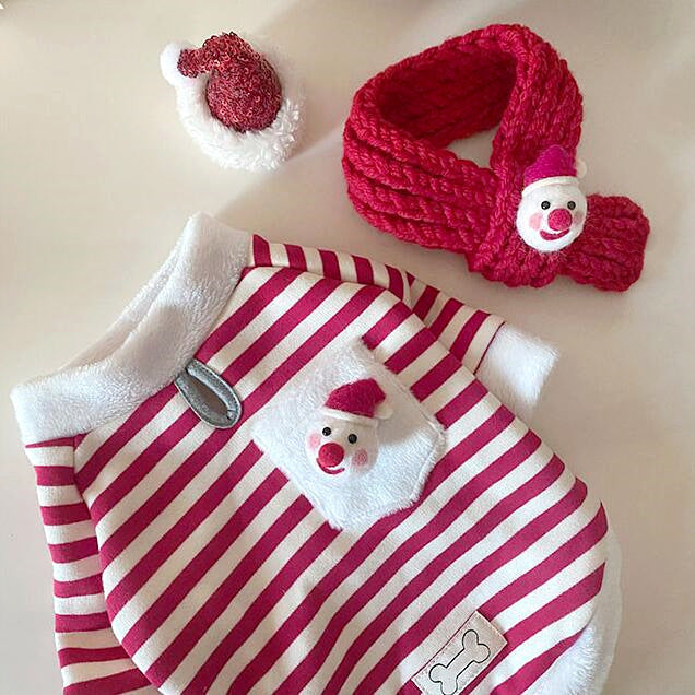 Christmas Dog Hoodie with Scarf | Red and White Stripes with 3D Pocket