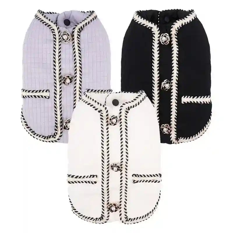 Set of three quilted pet jackets in white, lavender, and black with braided trim and decorative buttons