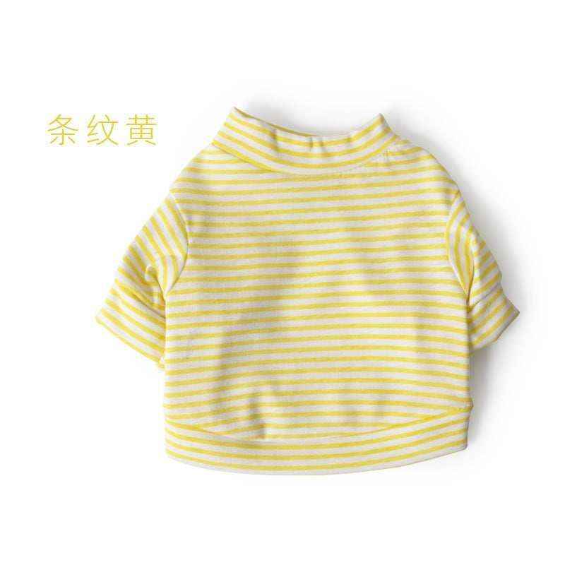 Yellow and white striped short sleeve turtleneck shirt on white background