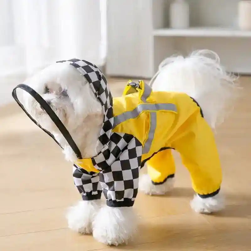 Small white dog wearing yellow raincoat with black-and-white checkered hood indoors