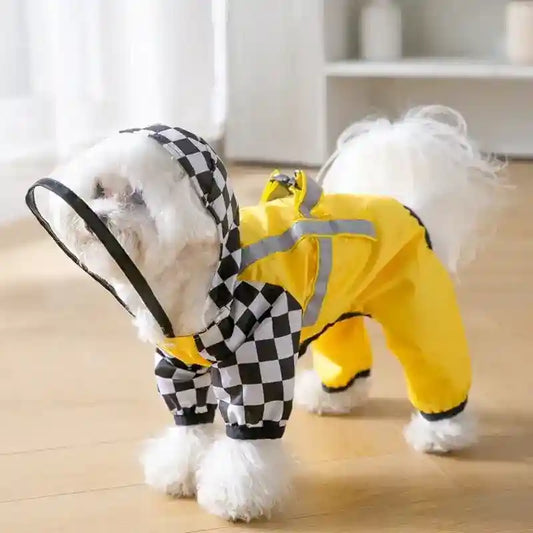 Small white dog wearing yellow raincoat with black-and-white checkered hood indoors
