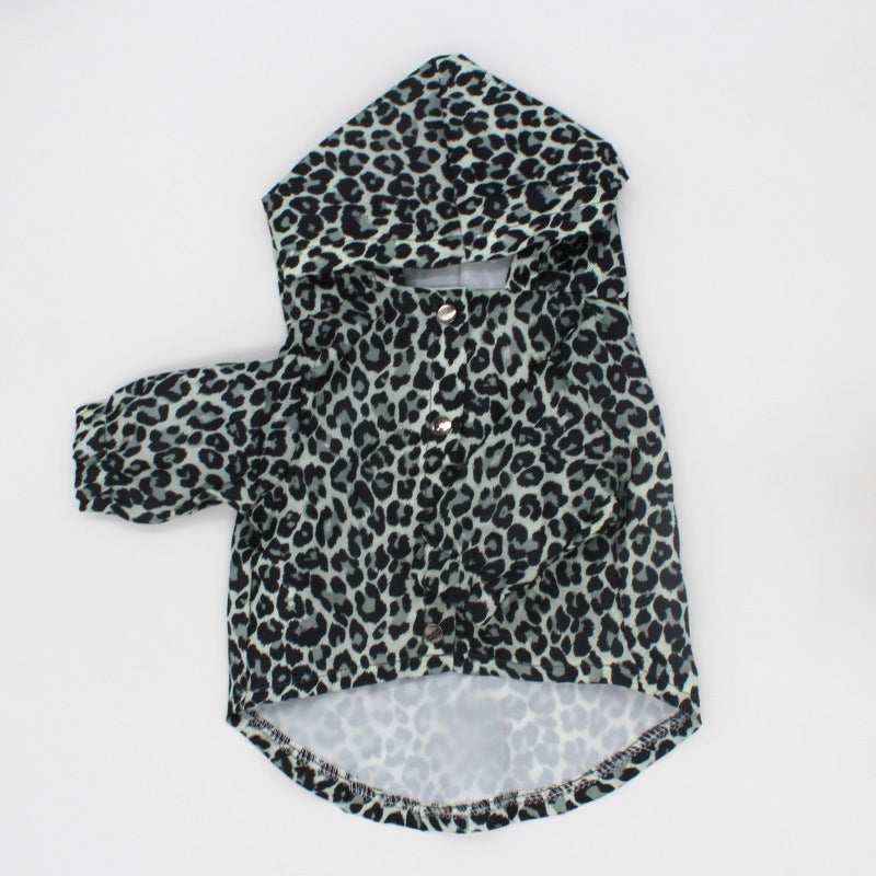 Leopard print hooded dog raincoat with buttons and elastic sleeve