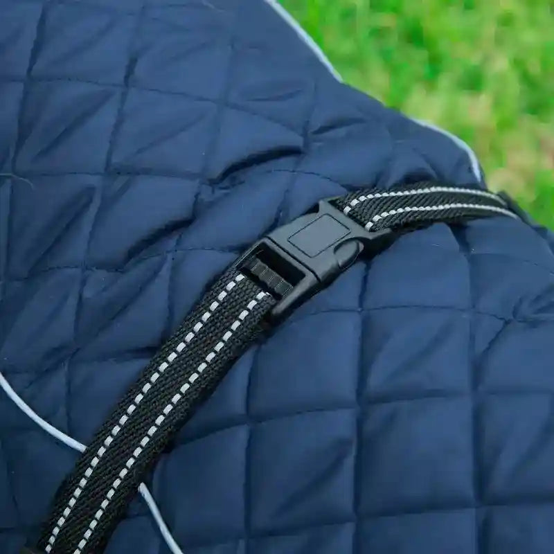 Close-up of black adjustable strap with plastic buckle on navy blue quilted fabric outdoors