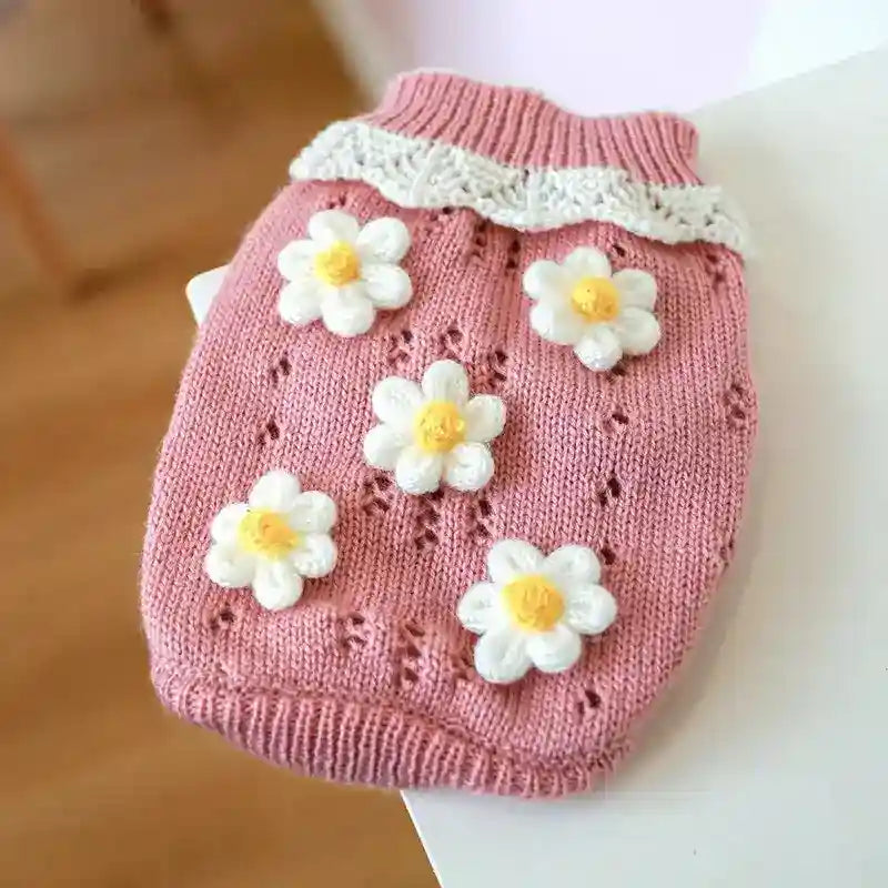 Pink knitted dog sweater with white crocheted flowers and ruffled collar on white surface