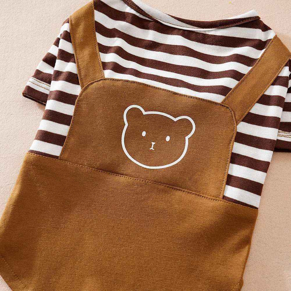 Brown and white striped baby shirt with brown overalls featuring a white outlined bear face