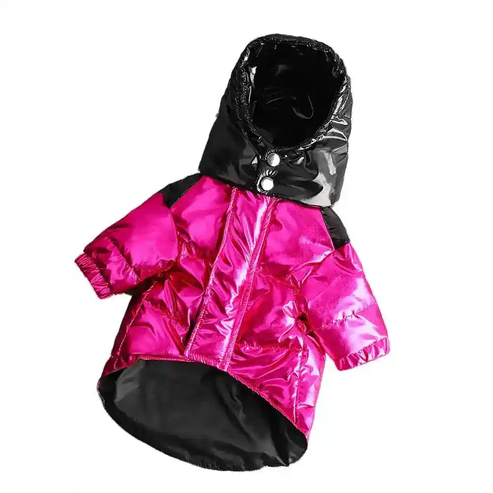 "Cappotto per cani stile Moncler rosa con cappuccio lucido"
