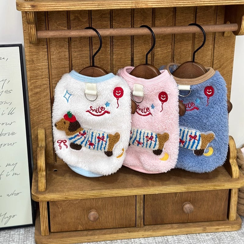 "Smile" Dog and Cat Sweatshirt with Dachshund Embroidery and Harness Ring