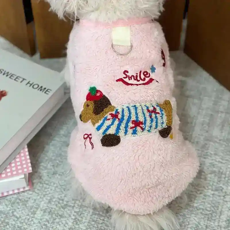 Felpa per Cani e Gatti "Smile" con Ricamo Bassotto e Anello Pettorina by Dog Moda