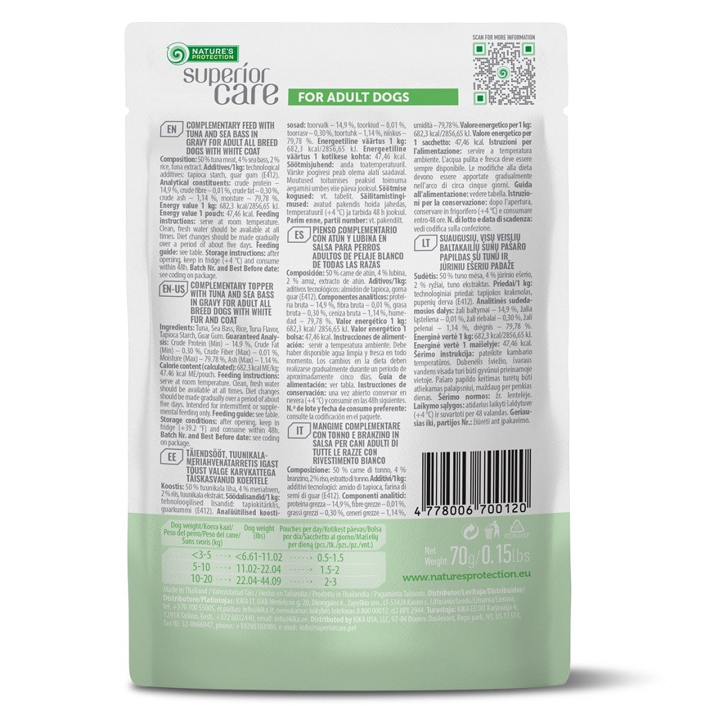 Cibo Umido per Cani Mantello Bianco Tonno e Branzino | 70g Nature’s Protection